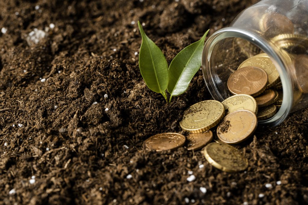 high-angle-coins-spilling-from-jar-dirt-with-plant